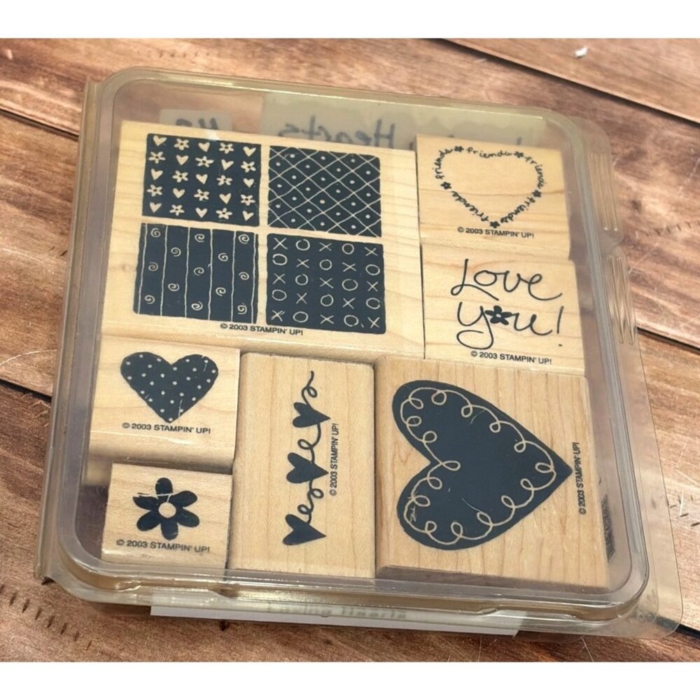 2003 STAMPIN' UP! LOVING HEARTS WOOD MOUNTED RUBBER STAMP SET OF 7 VALENTINE